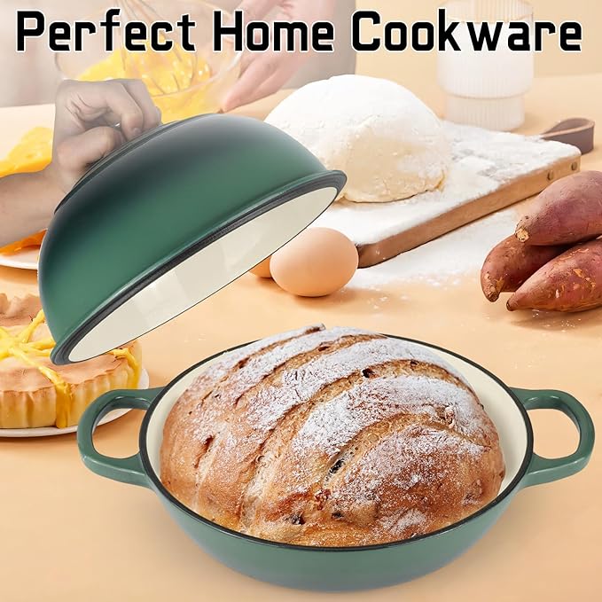 Enameled Cast Iron Bread Oven, Dutch Oven Pot with Lid, 10" Bread Dutch Oven for Sourdough Bread Baking, 6 Quarts Bread Pan with Dome Lid, Non-stick Cookware for Homemade Bread, Green