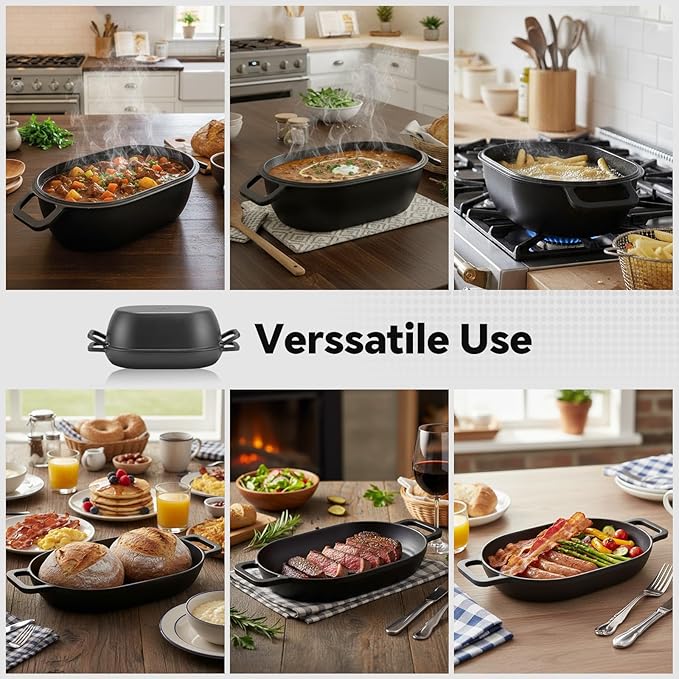 12"x8" Oval Cast Iron Dutch Oven for Bread Baking，Pre-Seasoned Combo Cooker with Lid, Perfect for Sourdough, Artisan Loaves & Family Meals,5 Qt