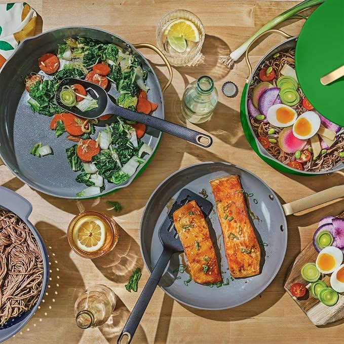 Pans12pc Ceramic Non-Stick Cookware Set by Drew Barrymore, Pots & Pans with Lids, Dishwasher‑Safe,Soft‑Touch Handles, Even‑Heat Base. (Kelly Green)