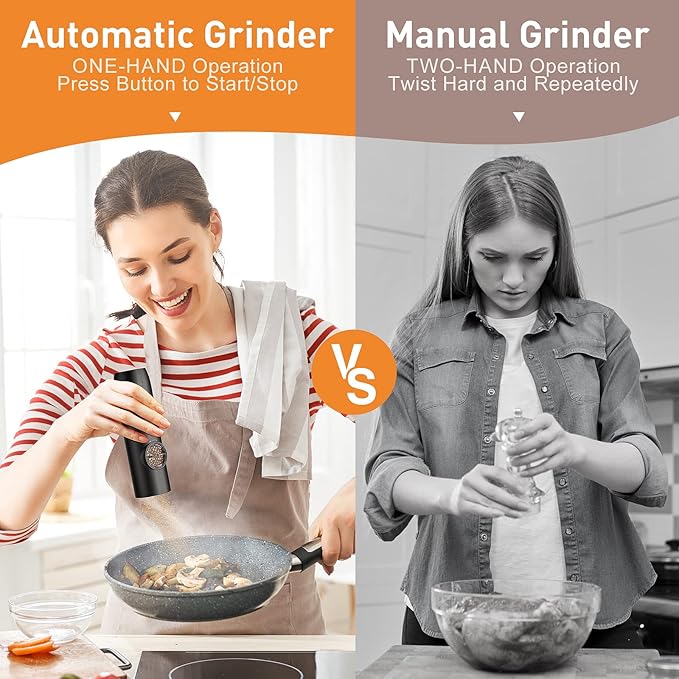 Electric Salt and Pepper Grinder Set, Rechargeable Automatic Pepper Mill Grinder with LED Light, Adjustable Coarseness shakers, One-Hand Operation for Kitchen Appliances(2 Pack Black)
