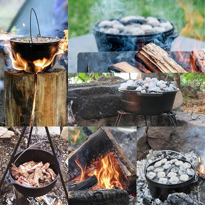 Camping Dutch Oven,12 Qt Pre-Seasoned Cast Iron Camp Dutch Oven Pot with Lid - Lid Lifter, Cast Iron Dutch Oven with Metal Handle for Cooking BBQ Baking Campfire Modern Black