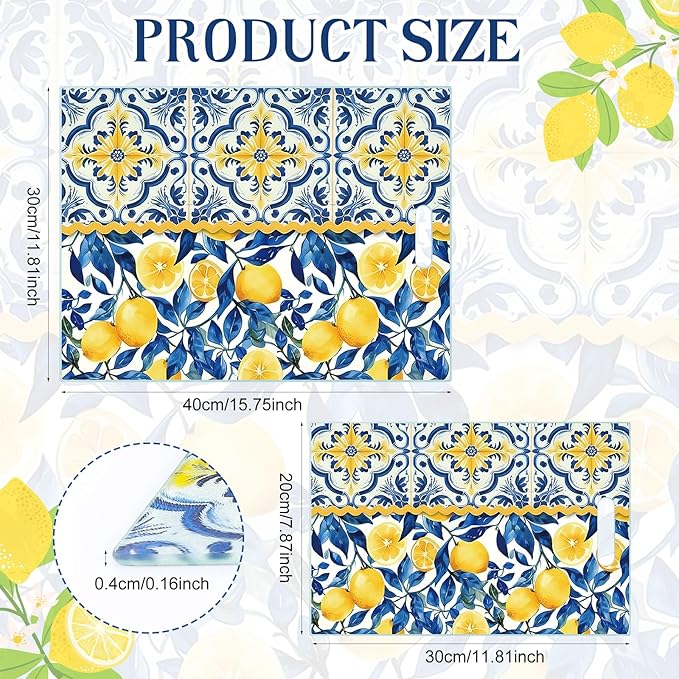 2 Pack Glass Cutting Board for Kitchen, Lemon Tempered Glass Cutting Board with Handles Set Gifts Charcuterie Cheese Snack Boards Decorative, 16 x 12 Inches and 12 x 8 Inches(Blue Lemon)