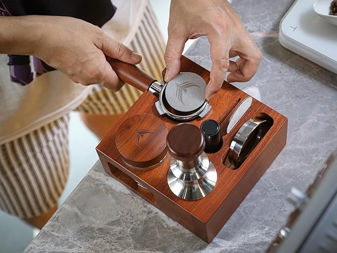 Espresso Accessories Organizer Box 58mm Espresso Tamping Station Rosewood Espresso Tools Stand for Tamper, Portafilter, Distributor, Funnel, WDT and Filter Basket