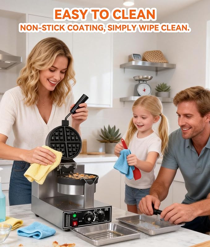 Commercial Waffle Maker, 1300W Round Waffle Iron, Teflon-Coated Non-Stick Baking Pan 180° Rotatable Waffle Baker Machine Stainless Steel Body With Temp and Time Control 110V-120V