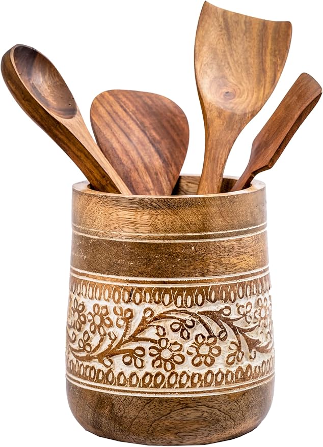 Mie Creations Farmhouse 7'' Large Utensil Holder for Kitchen Counter | Handcrafted Wooden Utensils Crock Cooking Spatula Organizer | Elegant Floral Utensil Caddy, Christmas Thanksgiving Decor- White