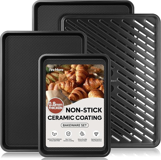 Cookie Sheets for Baking with Cooling Rack Set of 4, 0.8mm Thick Heavy Duty Nonstick Baking Sheets for Air Fryer, Half/Quarter/Jelly Roll Pans for Oven, Oven Trays with Diamond Texture