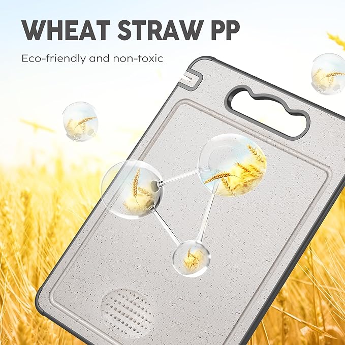 Double Sided Titanium & Wheat Straw Cutting Board, 14.4"*9.8" Non Toxic Lightweight Chopping Board, Separately Handle Meat and Vegetables, Dishwasher Safe