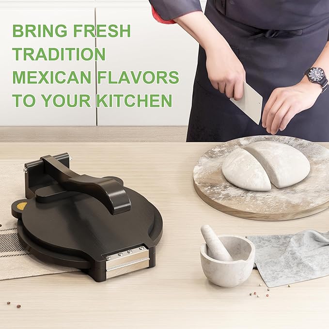 Tortilla Press 10 Inch - Bamboo Quesadilla & Roti Maker with Parchment Paper Sheets & Dough Cutter for Homemade Flour Corn Tortilla, Wood Tortillera Pataconera Tortilla Maker for Home Baking