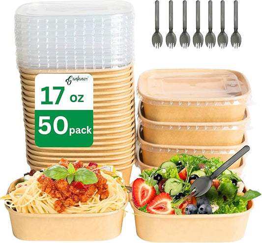 17oz Disposable Paper Bowl with Lid, Kraft Meal Prep Container Box [with 50 Sporks], To Go Square Paper Containers Oil-Proof, Compostable Salad Soup Bowls Perfect for Food Takeout