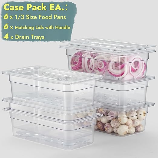 CURTA 6-Pack 1/3 Size 4" Deep NSF Polycarbonate Food Pans with Handled Lids & Drain Trays | Dishwasher & Freezer Safe Clear Container for Prep Tables, Buffet, Salad Bar, Commercial Kitchen