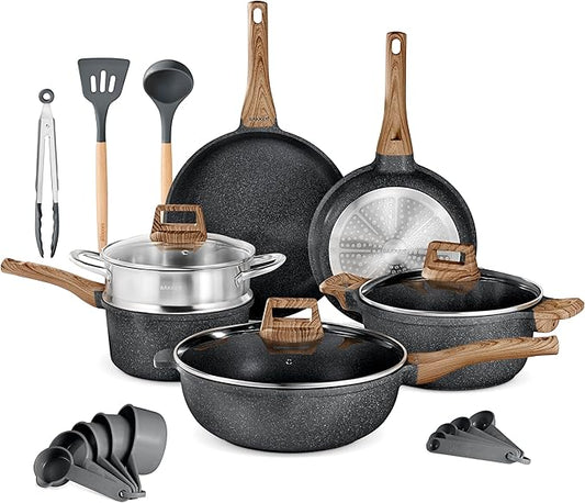 Bakken-Swiss 14-Piece Kitchen Cookware Set – Granite Non-Stick – Eco-Friendly – PFOA, PFOS, and PTFE Free for All Stoves & Oven-Safe - Marble coatin