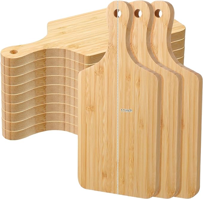 Patelai 12 Pcs Thicken Bamboo Cutting Board Bulk Wood Chopping Unfinished Crafts Serving Charcuterie Boards for DIY Wedding Housewarming Gift(Handle)