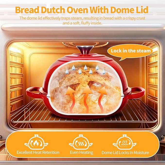 ONKO Dutch Oven For Sourdough Bread Baking, 6QT Enameled Cast Iron Dutch Oven Pot With Lid, Non-stick Sourdough Baking Pan with Bread Dome, Round Ceramic Dutch Ovens Pot with Cloche for Homemade