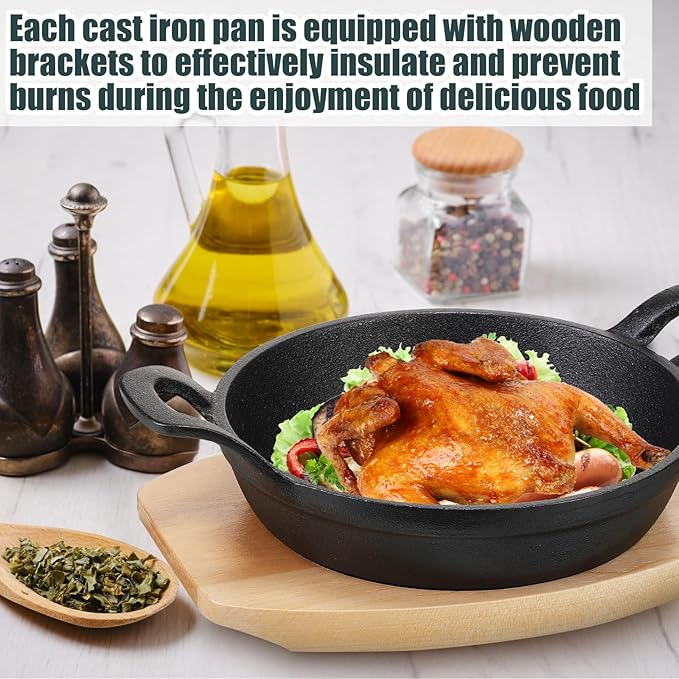 Sliner 4 Sets Mini Cast Iron Skillet Small Cast Iron Plates Skillet with Wooden Base Small Round Pan Fajita Plate Pot for Baking Cooking(6.3 Inches)