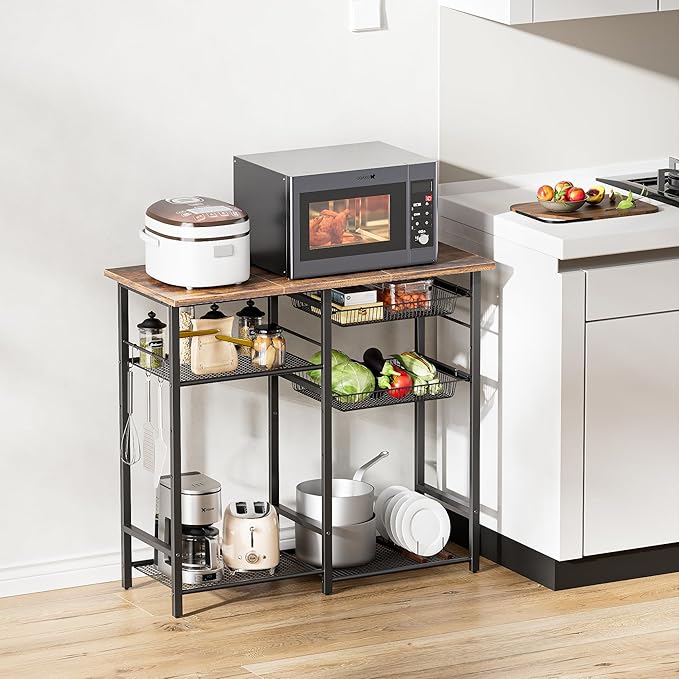 Kitchen Bakers Rack,Microwave Stand with Storge 3-Tier,Coffee Bar Station,6 S-Shaped Hook,Kitchen Storage Shelf,33.7D x 14.9W x 29.9H Inches,Rustic Brown