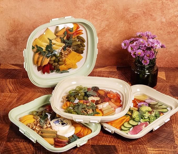 Crudités | Portable Snack Tray | Rectangle 4-Pack | Cream White | Reversible Stretch Lid Food Containers | BPA-Free, Freezer & Dishwasher Safe | Meal-Prep, Charcuterie, Salads, Picnic, Travel