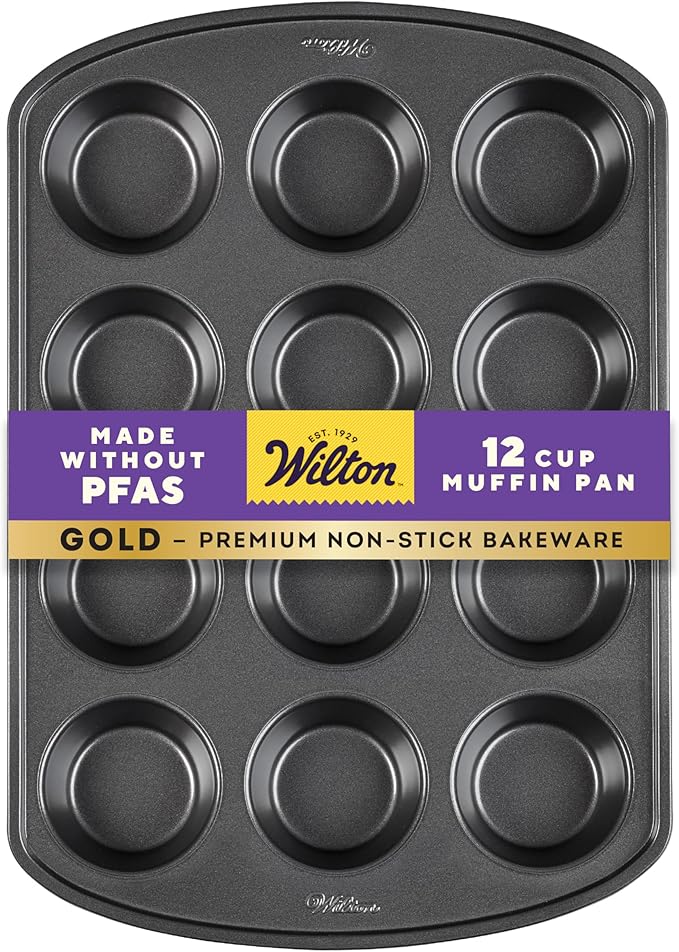 Wilton Gold Non-Stick 12 -Cup Muffin Pan, Stainless Steel Bakeware, Made without PFAS, 10.5 x 15 x 1.4 in, Packaging May Vary