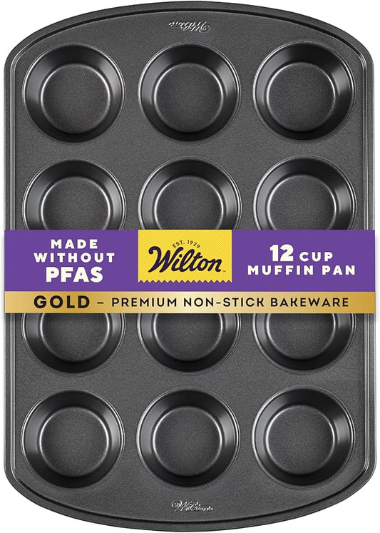 Wilton Gold Non-Stick 12 -Cup Muffin Pan, Stainless Steel Bakeware, Made without PFAS, 10.5 x 15 x 1.4 in, Packaging May Vary