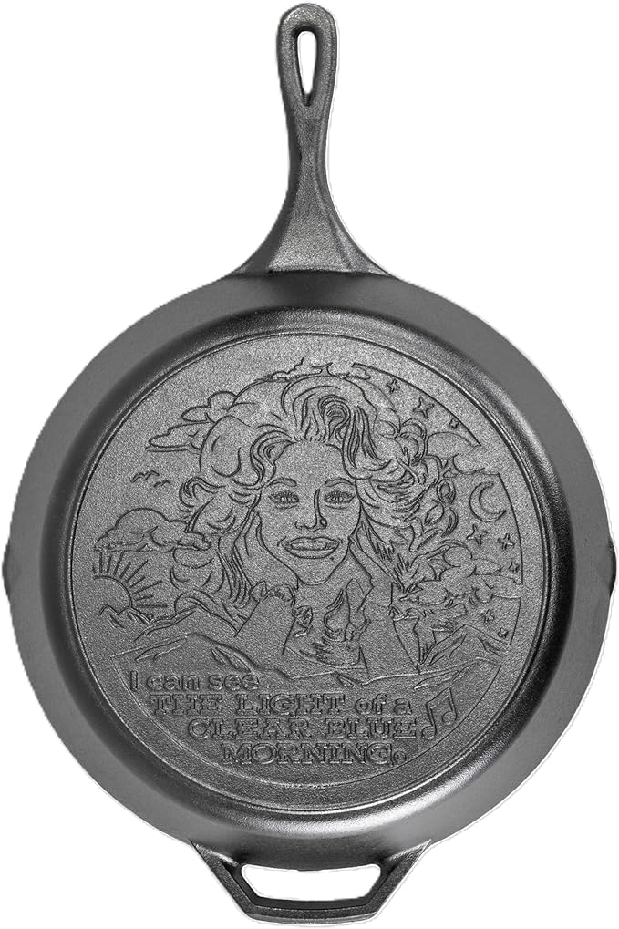 Lodge 13.25 Inch Dolly Parton Pre-Seasoned Cast Iron Stamped Skillet - Signature Teardrop Handle - Use in the Oven, on the Stove, on the Grill, or Over a Campfire - Clear Blue Morning