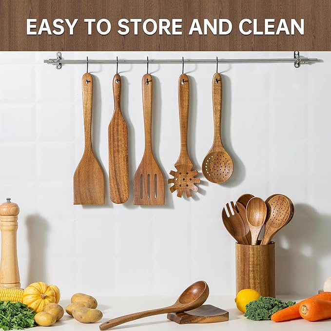 12 PCS Acacia Wooden Spoons for Cooking - Heat-Resistant, Comfort Grip,Easy to Clean, Non-stick Friendly - Kitchen Utensil Set with Holder, Spoon Rest & 6 Hooks, Ideal for Gifting
