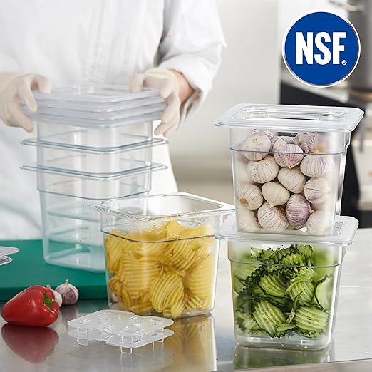 CURTA 6-Pack 1/6 Size 6" Deep NSF Polycarbonate Food Pans with Handled Lids & Drain Trays | Dishwasher & Freezer Safe Clear Container for Prep Tables, Buffet, Salad Bar, Commercial & Home Kitchen