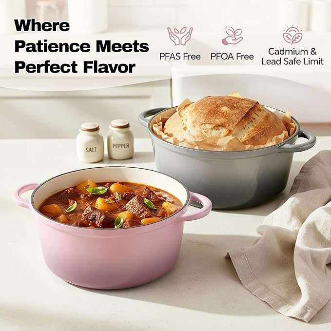 6 Quart Dutch Oven Pot with Lid, Non Stick Enameled Cast Iron Dutch Oven for Bread Baking, Heavy-Duty, Oven Safe Ceramic Cookware Up to 500°F for Baking, Braising, Stews, Roasting, Pink