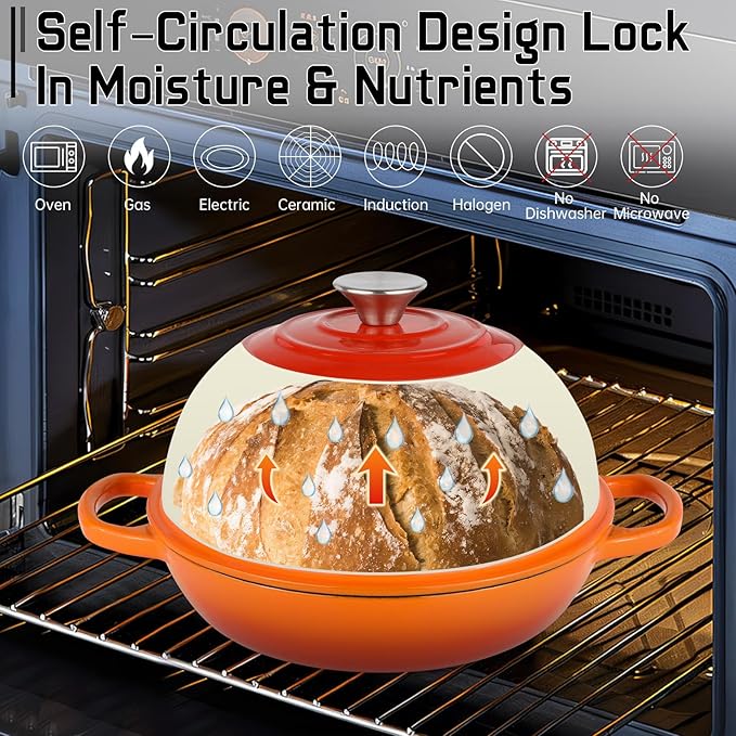 Enameled Cast Iron Bread Oven, Dutch Oven Pot with Lid, 10" Bread Dutch Oven for Sourdough Bread Baking, 6 Quarts Bread Pan with Dome Lid, Non-stick Cookware for Homemade Bread, Orange