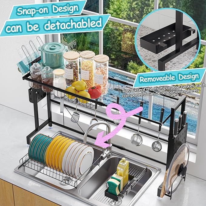 MINGLING Over The Sink Dish Drying Rack, Expandable Height and Length, Large Capacity Stainless Steel Sink Rack, Kitchen Storage and Organization, 24.4"-38.2" L x 9.84" W x 17.7"-22.1" H