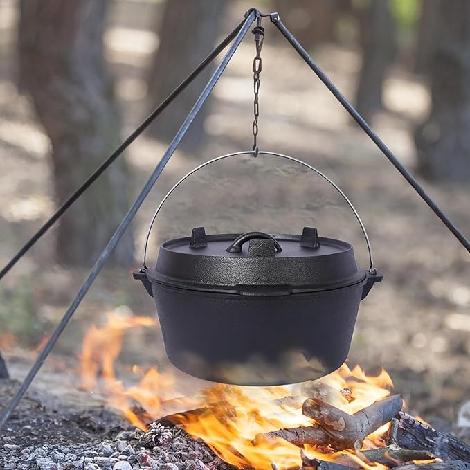 Pre-Seasoned Cast Iron Dutch Oven with Skillet Lid - 6 Quart Outdoor Camping Pot, Iron Pot Rack Included for Fireplace BBQ, Baking & Campfire Cooking