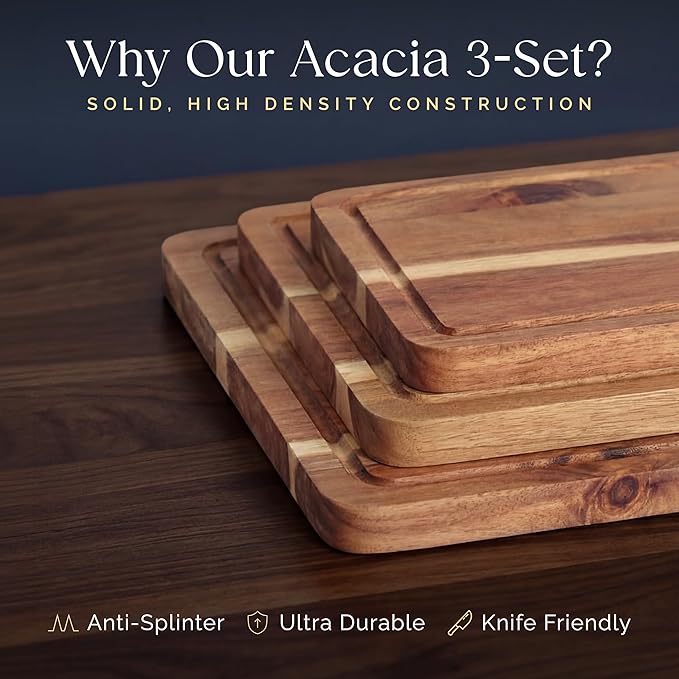 Pre-Oiled, Non Toxic 3-Piece Acacia Cutting Board Set with Stand, FSC Certified Wooden Chopping Boards, Includes 100ml Chopping Board Oil, 3 Size Wood Carving Boards for Home, BBQ Kitchens, Deer & Oak