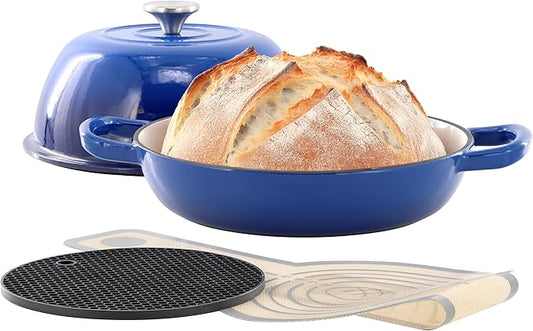 MegaChef 6 Quart Enameled Cast Iron Bread Pot in Red with Baking Mat, Dutch Oven, Bread Oven for Homemade Bread (Blue)