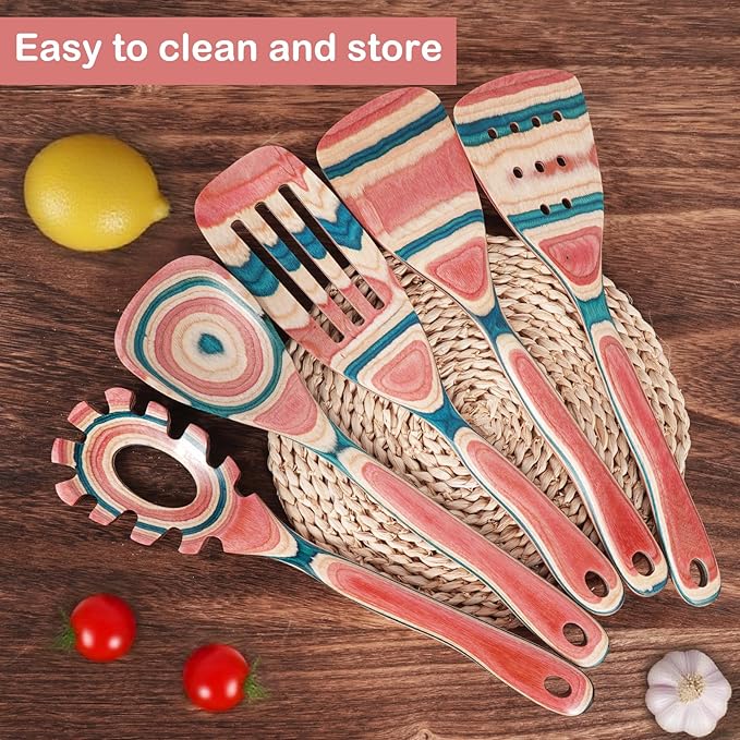 Wooden Spoons for Cooking – 7 Piece Pakkawood Kitchen Utensils Set with Spatulas, Spoons, Ladles, and Turner for Mixing, Serving & Cooking