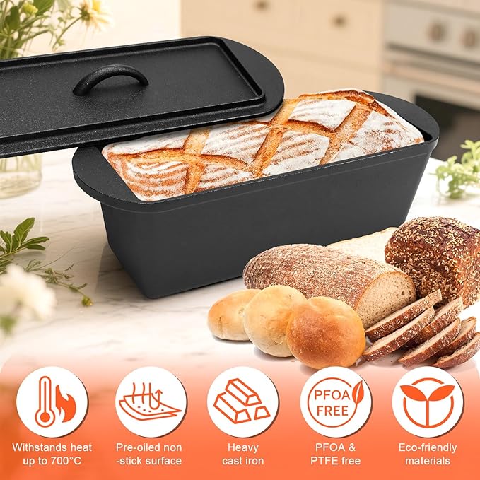 QuliMetal 14×5.5 Bread Loaf Pan, Oval Cast Iron Bread Pan With Lid,Sourdough Artisan Bread Baking Pan, Pre-Seasoned, 3.2QT, With Sourdough Starter Kit, Sourdough Artisan Bread Baking Pan