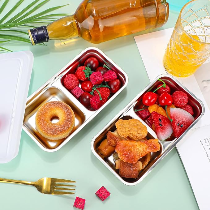 6 Pcs Stainless Steel Snack Containers 30 oz 2-compartment Meal Prep Containers Reusable Metal Divided Bento Box with Silicone Lids Leakproof Lunch Box Dishwasher Safe (White)
