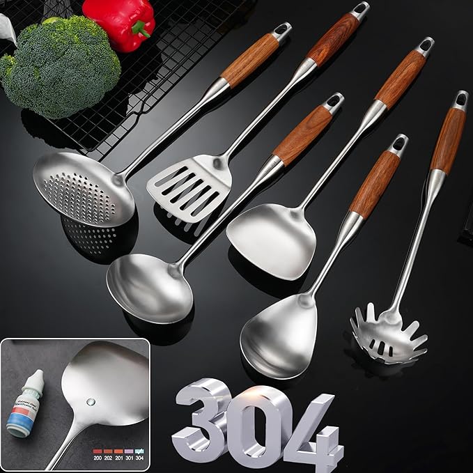 Stainless Steel Cooking Utensils with Wooden Handle, 6 PCS Stainless Steel Kitchen Utensils 12.5"-14", Wok Spatula, Ladle, Skimmer, Slotted Spatula Turner, Spaghetti Spoon, Large Spoon