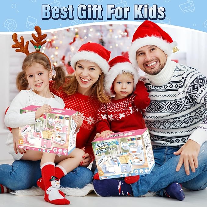 Kids Kitchen Toys Set, BPA-Free 7 Piece Pretend Play Appliances with Light Sound, Coffee Maker Blender Stand Mixer Toaster for Toddlers Ages 3 Plus, Educational Role Play Gift (Blue)