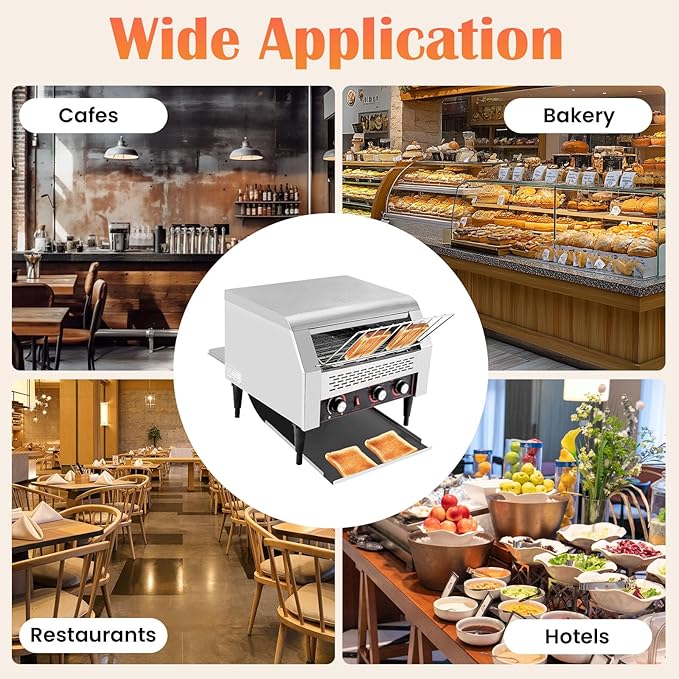 150/450 Slices/Hour Commercial Conveyor Toaster, Stainless Steel Heavy Duty Industrial Bread Baking Machine w/ 3 Ring Heating Tubes for Baking Sliced Bread, Toast (2600W(TT-450L))