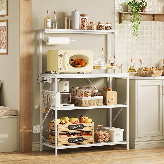 Huuger 4-Tier Bakers Rack with Reversible Power Outlet, 31.5 Inch Microwave Stand, Kitchen Coffee Bar, with Top Shelf, 6 S Hooks, White