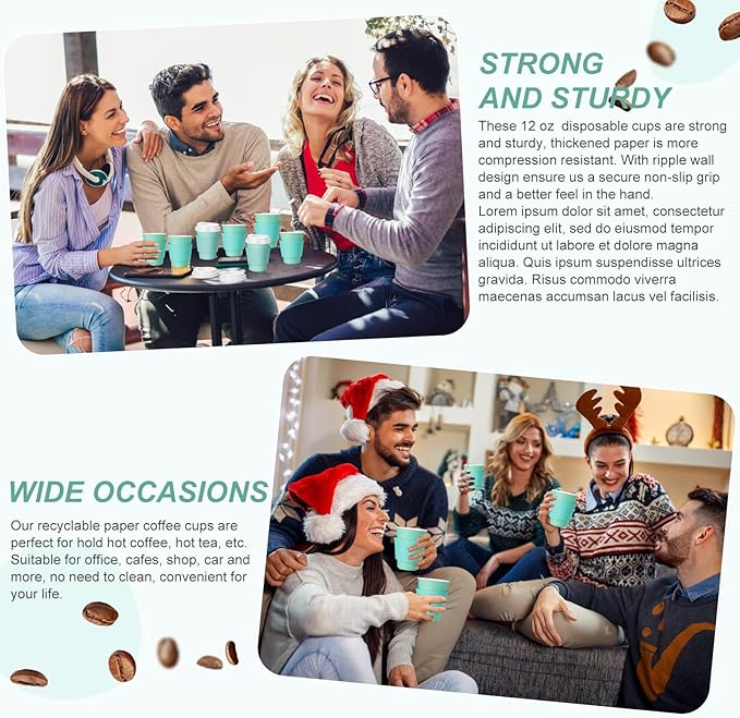 Patelai 48 Pcs 12 oz Disposable Coffee Cups with Lids and Sleeves Bulk, Insulated Hot Chocolate Paper Cup for Hot and Cold Beverage Water Juice Cocoa Tea Party Restaurants Travel Supplies (Green)