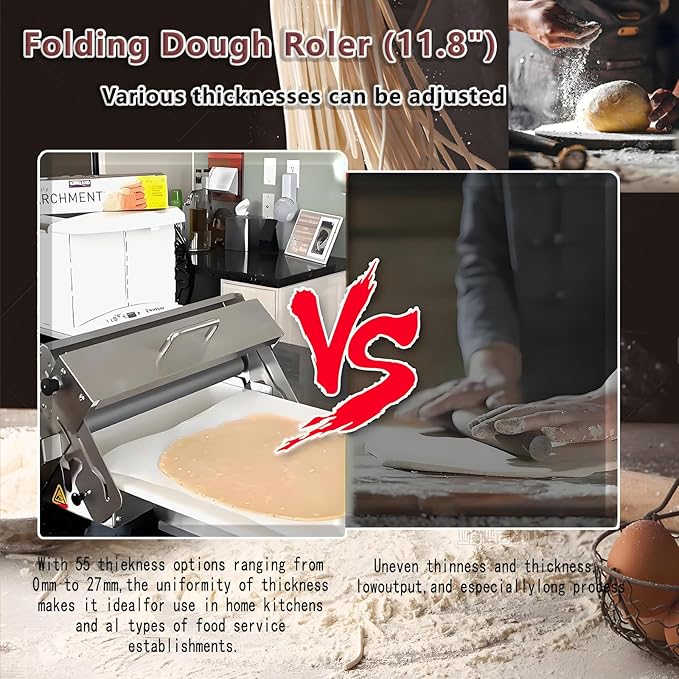 Commercial Dough Sheeter Machine, Reversible Puff Pastry Sheeter and Fondant Roller, Manual Dough Roller, Adjustable Thickness 0-25mm, Folding Dough Sheeter for Bakeries, Pastries,60×30cm