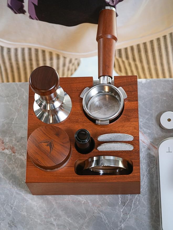 Espresso Accessories Organizer Box 58mm Espresso Tamping Station Rosewood Espresso Tools Stand for Tamper, Portafilter, Distributor, Funnel, WDT and Filter Basket