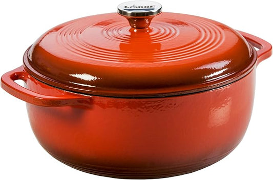 Lodge Essential Enamel Cast Iron Dutch Oven - Perfect for Bread Baking, Braising, Marinating & Slow Cooking - Features Moisture-Sealing Lid & Dual Handles - Kitchen Essentials - 6 Quarts - Poppy