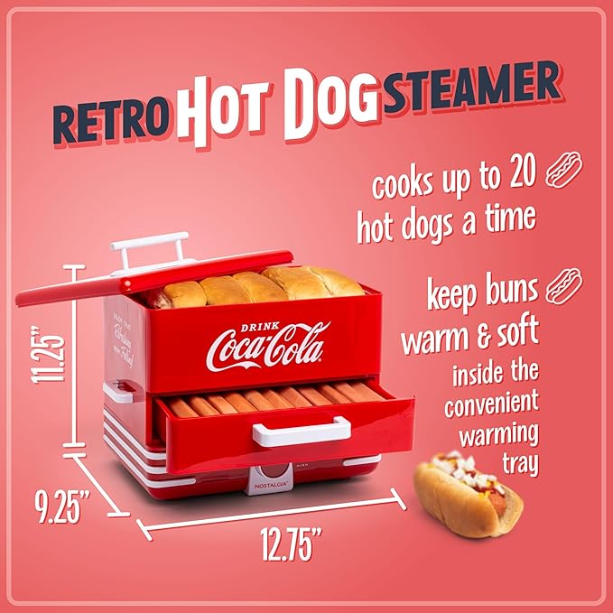 Nostalgia Extra Large Diner-Style Coca-Cola Hot Dog Steamer and Bun Warmer, 24 Hot Dog and 12 Bun Capacity, Steam Bratwursts, Sausages, Vegetables, Fish, Dumplings, Red