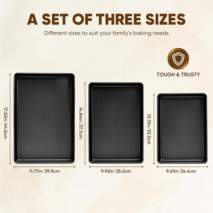Nonstick Baking Sheet Pan Set of 3, Heavy Duty Cookie Sheets for Oven with Stripe Texture Pattern, 0.6mm Thick Quarter/Half/Jelly Roll Pans, Rust-Resistant & Easy Clean (Black)
