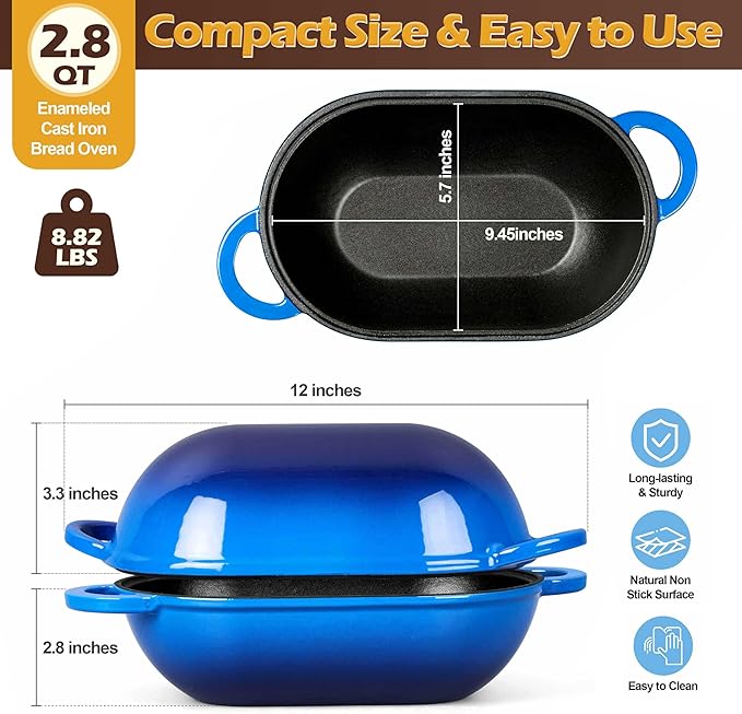 Homikit Enameled Cast Iron Dutch Oven for Bread Baking, 2.8 QT Oval Bread Oven Pot with Lid, 9.5 x 5.7 Inch Sourdough Loaf Baking Pan for Homemade Bread, Heavy Duty & Oven Safe, Blue