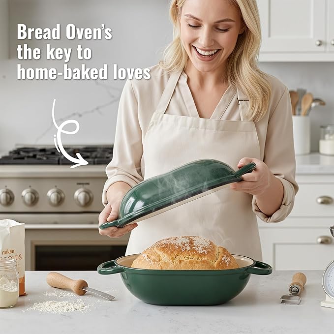 2 QT Oval Dutch Oven for Bread Baking, Enamelled Cast Iron Bread Oven for Sourdough, Sourdough Loaf Pan with Lid, Heavy-Duty Non Stick Bread Pan for Homemade Bread Baking, Green