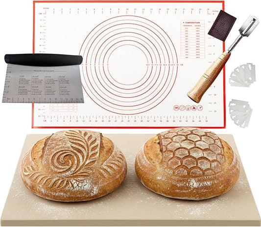 20 inch Baking Stone for Bread, with Stainless Steel Dough Tool, Bread Knife for Dough Scoring, and 22 inch Baking Mat Set - Large Baking Stone for Oven - 20" x 13.5" Rectangular Oven Stone