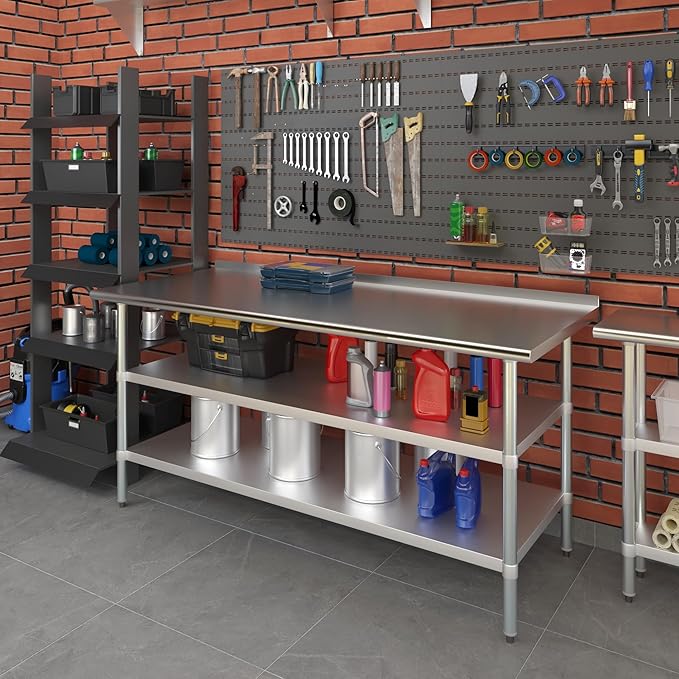 AmGood Stainless Steel Work Table with 1.5" Backsplash and 2 Shelves | Metal Kitchen Food Prep Table | NSF (72" Long x 30" Deep)