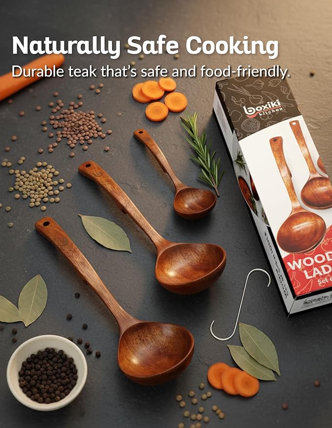 Soup Ladle - Luxury Teak Wood Ladle Set of 3 – Chef-Grade, Eco-Friendly Wooden Cooking Utensils with Reinforced Neck Joint & Anti-Slip Notch Handle – Multi-Size, Gift-Ready Ladle Spoons Set