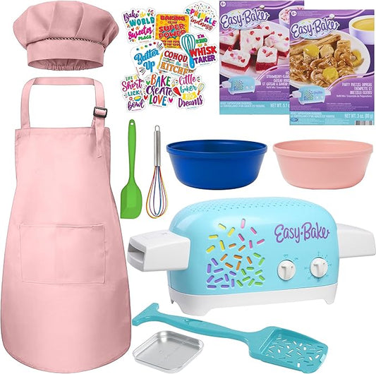 Ultimate Easy Baking Oven Bundle For Kids With 20 Items - Oven, 2 Refill Mixes, Apron, Hat, 2 Bowls, Spatula, Whisk, 9 Stickers, Baking Pan & Tool (Passionate Pink Bundle)